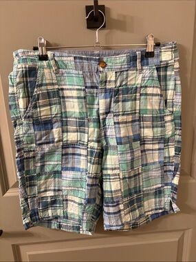LLBean Women’s Patchwork Plaid Shorts in Blue & Mint